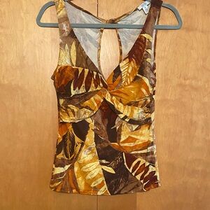 Cache Brown and Yellow tropical  Leaf Print Top